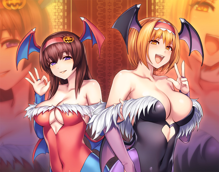 alice_margatroid bare_shoulders blue_legwear blush breasts brown_eyes brown_hair cleavage collarbone cookie_(touhou) cosplay eyebrows_visible_through_hair grin hairband head_wings highres hinase_(cookie) ichigo_(cookie) large_breasts lilith_aensland lilith_aensland_(cosplay) long_hair looking_at_viewer morrigan_aensland morrigan_aensland_(cosplay) multiple_girls ok_sign open_mouth pantyhose purple_eyes purple_legwear short_hair smile tarmo touhou v vampire_(game) wings