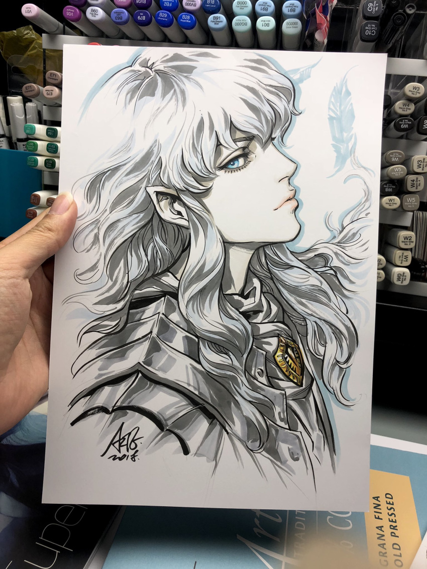 androgynous armor berserk blue_eyes commentary english_commentary griffith highres jewelry lips long_hair looking_at_viewer male_focus marker_(medium) pauldrons pendant pointy_ears profile signature silver_hair solo stanley_lau traditional_media wavy_hair