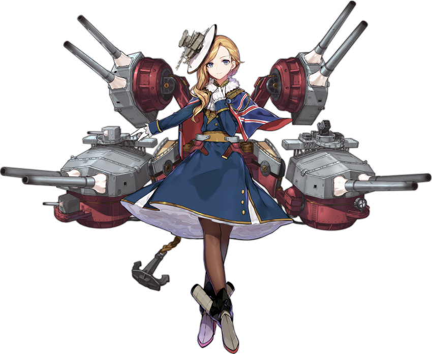azur_lane black_legwear blonde_hair blue_eyes cannon dress earrings full_body gloves gun hand_on_own_chest hat highres hood_(azur_lane) jewelry long_hair long_skirt looking_at_viewer machine_gun machinery official_art pantyhose petticoat rigging sa_(h28085) shoes skirt solo tachi-e transparent_background union_jack weapon white_gloves