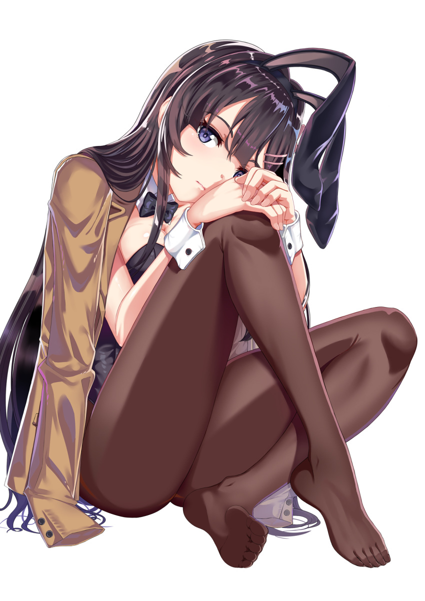 animal_ears black_hair black_legwear black_leotard blazer bow bowtie brown_jacket brown_legwear bunny_ears bunny_girl bunnysuit detached_collar feet full_body gatari highres jacket jacket_on_shoulders leotard long_hair looking_at_viewer pantyhose purple_eyes sakurajima_mai seishun_buta_yarou simple_background sitting soles solo strapless strapless_leotard white_background wrist_cuffs