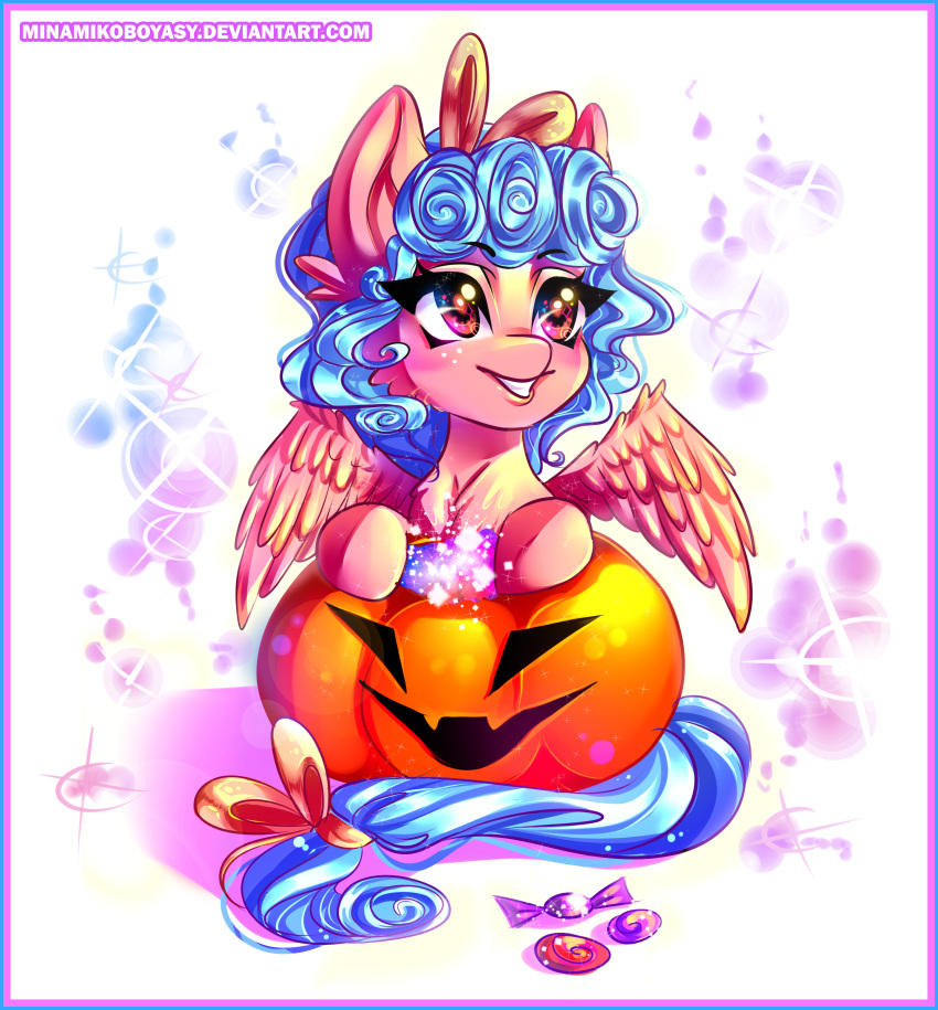 2018 blue_hair candy cozy_glow_(mlp) equine female food friendship_is_magic fruit hair jack-o-lantern mammal minamikoboyasy my_little_pony pegasus pumpkin solo sparkles wings