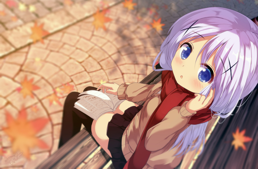 :o autumn_leaves bangs bench black_legwear black_skirt blue_eyes blurry blurry_background blush book brown_cardigan cardigan chinomaron commentary_request depth_of_field eyebrows_visible_through_hair from_above gochuumon_wa_usagi_desu_ka? hair_between_eyes hair_ornament hair_tucking hand_up kafuu_chino leaf long_hair long_sleeves looking_at_viewer looking_up maple_leaf on_bed open_book park_bench parted_lips pleated_skirt purple_hair red_scarf scarf sitting skirt solo thighhighs very_long_hair x_hair_ornament