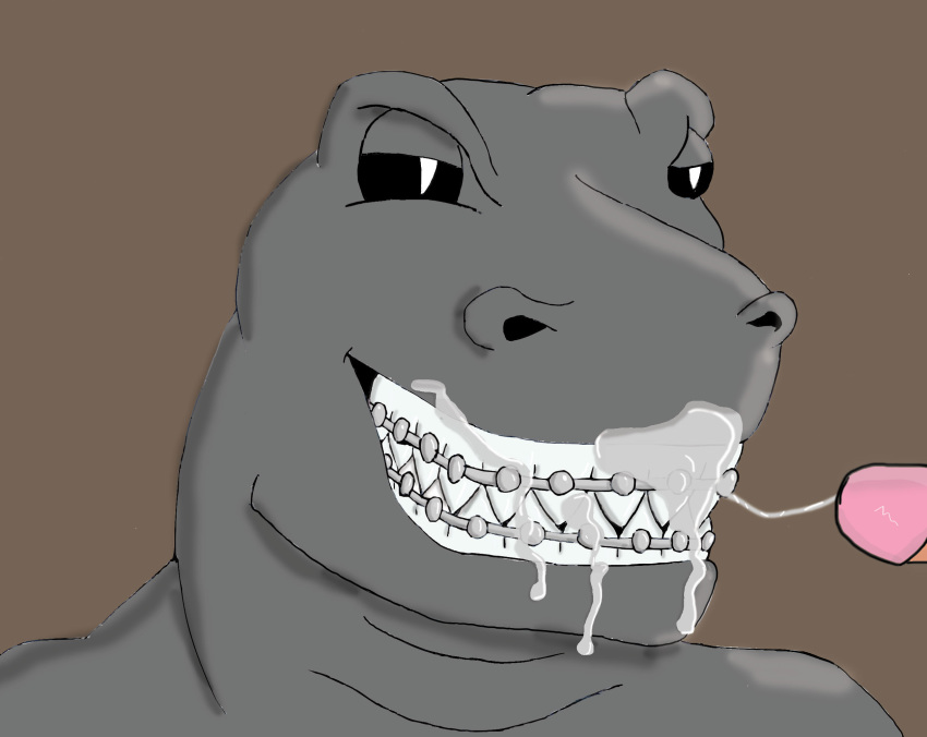 anthro braces creature_pet_(badboylol) cum cum_in_mouth cum_inside cum_on_braces cum_on_face dinosaur human human_on_anthro interspecies male male/male mammal nightcorelights oral penis raptor sharp_teeth smile solo_focus teeth theropod