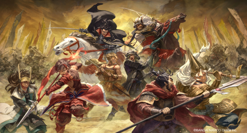 :o animal armor army bad_id bad_pixiv_id banner barding battle battle_standard beard black_armor black_cape black_hair brown_hair cape company_name facial_hair gauntlets helmet holding holding_spear holding_weapon horned_helmet horse horseback_riding japanese_armor kabuto long_hair multiple_boys mustache nobori outdoors polearm red_cape reins riding sengoku_taiga_(bandai) sho_(sho_lwlw) short_hair short_ponytail spear sword weapon white_hair white_horse yellow_sky