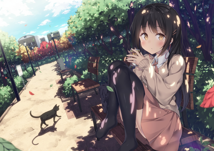 animal bag bangs bench black_cat black_hair black_legwear blue_sky bow brown_eyes brown_neckwear brown_skirt brown_sweater building can cat cloud cloudy_sky collared_shirt commentary_request day dutch_angle earbuds earphones eyebrows_visible_through_hair fingernails hair_ornament hairclip hands_up hatsuki_kaname holding holding_can lamppost leaf long_hair long_sleeves looking_at_viewer no_shoes on_bench original outdoors park_bench parted_lips pleated_skirt school_bag shade shirt sign sitting skirt sky sleeves_past_wrists solo sweater thighhighs tree tree_shade very_long_hair white_shirt