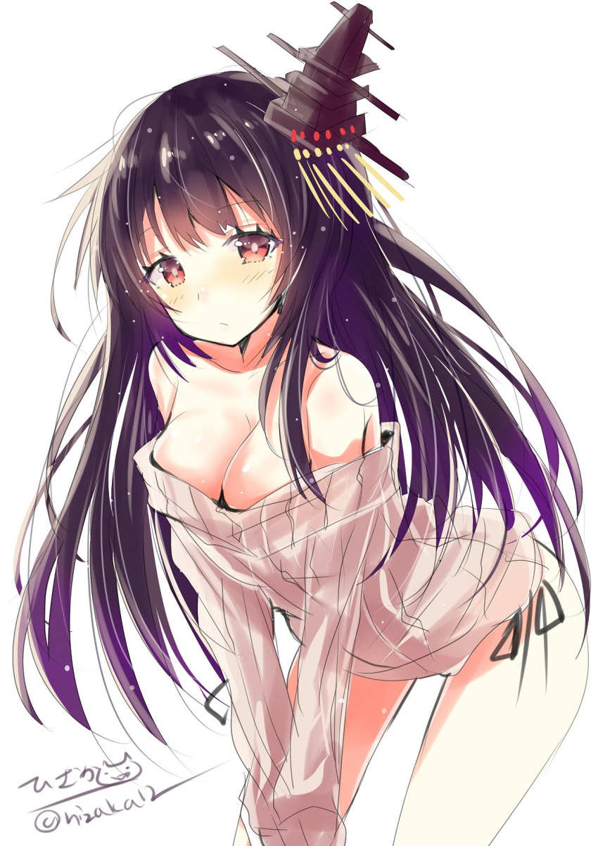 alternate_costume black_hair blush breasts closed_mouth commentary_request eyebrows_visible_through_hair fusou_(kantai_collection) hair_flaps hair_ornament headgear highres hizaka kantai_collection large_breasts long_hair looking_at_viewer red_eyes simple_background solo sweater twitter_username white_background