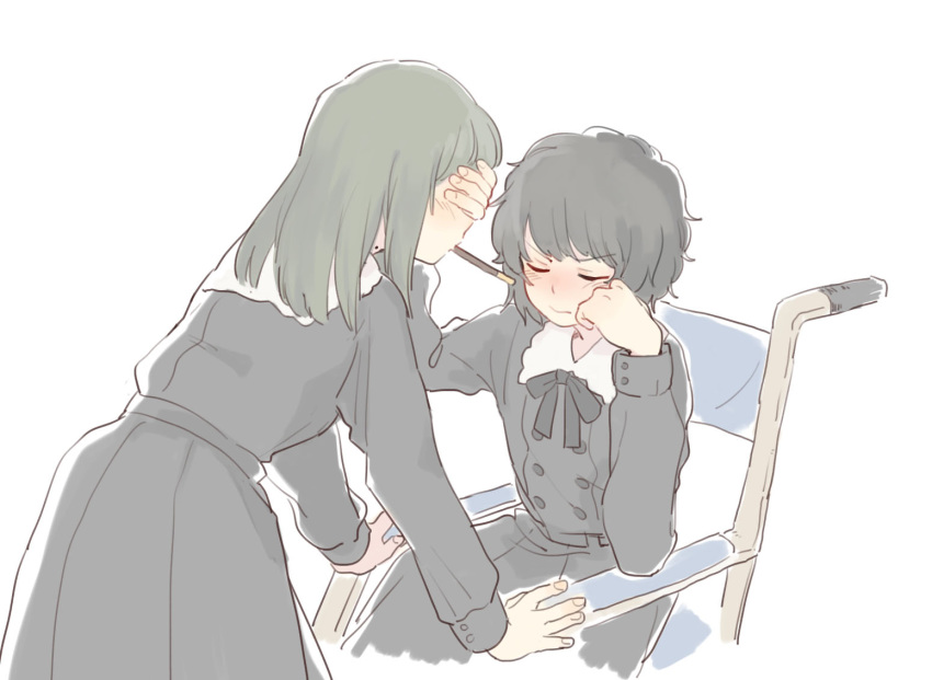 bangs black_hair blush closed_eyes covering_another's_eyes embarrassed face_grab flowers_(innocent_grey) food food_in_mouth green_hair keiya long_hair long_sleeves mole mole_on_neck mouth_hold multiple_girls pocky pocky_kiss ribbon school_uniform shared_food short_hair simple_background sitting takasaki_chidori wheelchair yaegaki_erika yuri