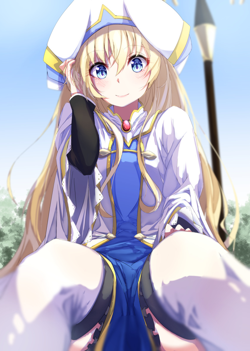 blonde_hair blue_eyes blush boots breasts dress eyebrows_visible_through_hair goblin_slayer! hat highres long_hair looking_at_viewer murata_ryou open_mouth priestess_(goblin_slayer!) small_breasts smile solo thigh_boots thighhighs very_long_hair