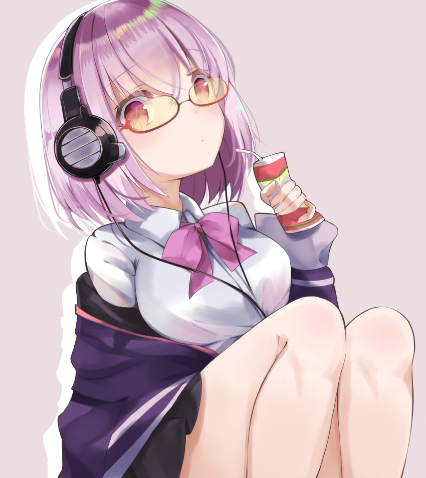 absurdres bangs bow breasts collared_shirt cracked_lens drink drinking drinking_straw glasses highres jacket juice_box lavender_hair looking_at_viewer maru_usagi_(maruusagi22) off_shoulder pleated_skirt purple_jacket red_eyes school_uniform shinjou_akane shirt short_hair skirt solo ssss.gridman white_shirt