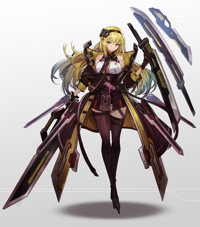 bangs bare_shoulders black_dress black_gloves black_hairband black_jacket black_legwear blonde_hair cleavage_cutout dress gloves goomrrat hairband highres jacket long_hair looking_at_viewer mecha_musume multiple_swords original shirt sleeveless sleeveless_dress solo standing sword thigh_strap thighhighs weapon white_shirt yellow_eyes