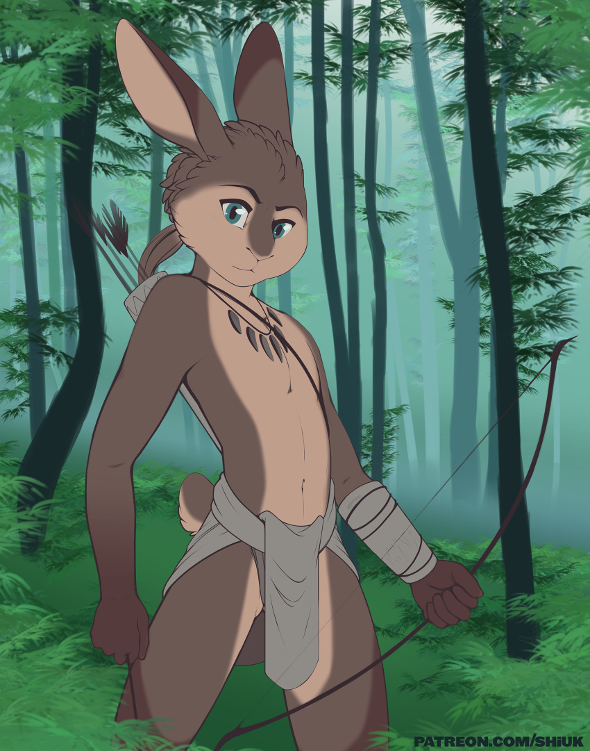 2018 5_fingers absurd_res anthro arrow athletic blue_eyes bow_(weapon) brown_fur clothing detailed_background forest fur hi_res holding_object holding_weapon jewelry lagomorph loincloth male mammal necklace ponytail rabbit ranged_weapon shiuk small_tail solo standing tree tribal url weapon