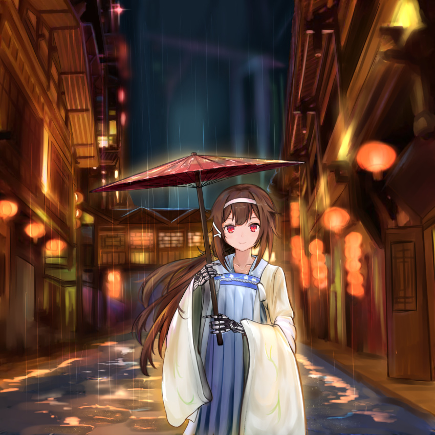 android brown_hair chinese_clothes commentary girls_frontline hairband hanfu highres js_9_(girls_frontline) long_hair looking_at_viewer low-tied_long_hair mechanical_arms mole mole_under_eye rain red_eyes sechka smile umbrella