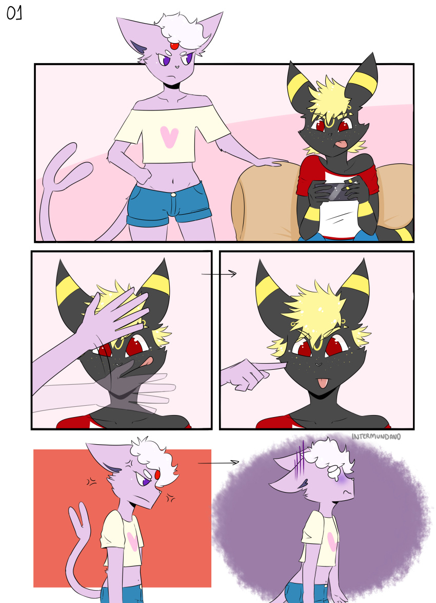 angry anthro anthrofied balga clothed clothing comic duo eeveelution espeon freckles fully_clothed fur girly intermundano male nintendo pok&eacute;mon pok&eacute;mon_(species) simple_background umbreon video_games waving yuno