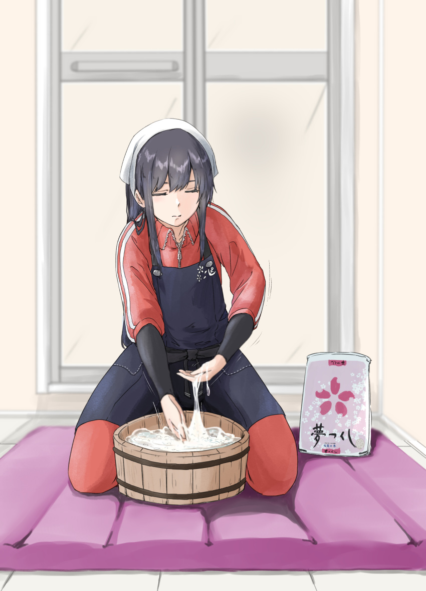 air_mattress apron arm_warmers asashio_(kantai_collection) black_hair blue_apron closed_eyes collarbone commentary_request facing_viewer head_scarf highres indoors jacket kantai_collection kneeling long_hair long_sleeves lotion pants rakisuto red_jacket red_pants sliding_doors solo tile_floor tiles track_jacket translated very_long_hair zipper_pull_tab