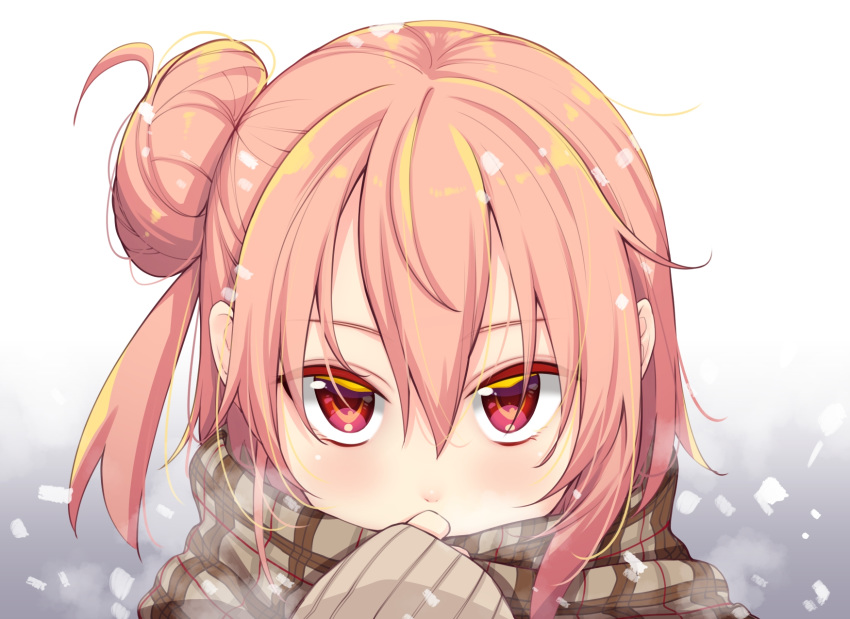 akino_sora bangs blush breath brown_hair brown_scarf brown_sweater commentary_request covered_mouth eyebrows_visible_through_hair hair_between_eyes hair_bun hand_up highres long_sleeves looking_at_viewer plaid plaid_scarf portrait red_eyes scarf side_bun sleeves_past_wrists solo sweater upturned_eyes yahari_ore_no_seishun_lovecome_wa_machigatteiru. yuigahama_yui