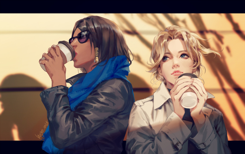 back-to-back bangs black_hair black_jacket blonde_hair blue_eyes blue_scarf casual coffee coffee_cup commentary cup dark_skin dated day disposable_cup drinking forehead highres holding holding_cup jacket lips lipstick long_sleeves looking_away looking_to_the_side makeup mercy_(overwatch) multiple_girls outdoors overwatch parted_bangs parted_lips pharah_(overwatch) pink_lips ponytail purple-tinted_eyewear sae_(revirth) scarf shadow short_hair signature sunglasses sunlight tinted_eyewear upper_body white_coat