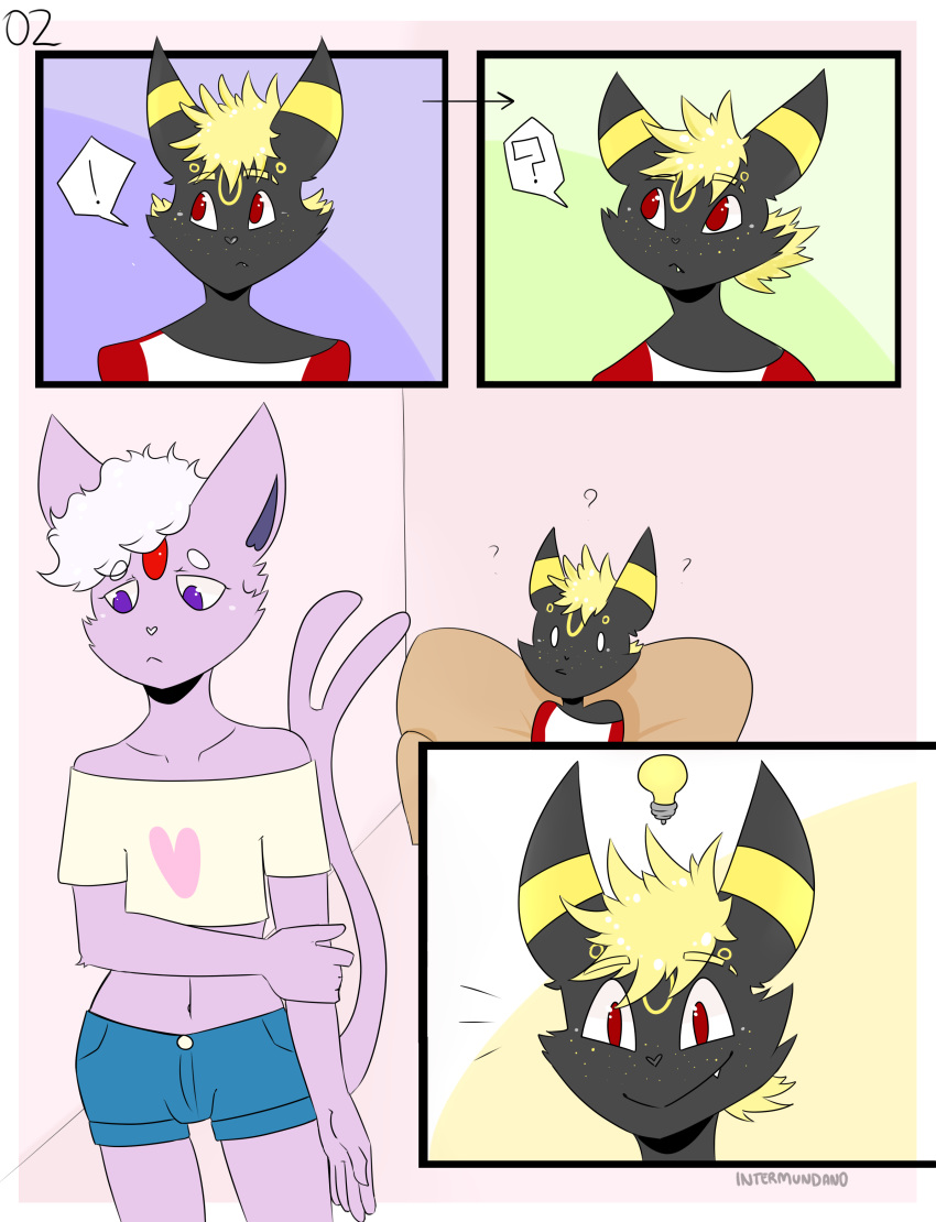 anthro anthrofied balga clothed clothing comic duo eeveelution espeon freckles fully_clothed fur girly intermundano male nintendo pok&eacute;mon pok&eacute;mon_(species) umbreon video_games yuno