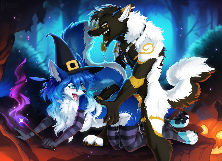 all_fours anthro blue_eyes blue_fur breasts canine chest_tuft claws clothing cum doggystyle drooling duo fangs female from_behind_position fur hair halloween hat hioshiru holding_object holidays inner_ear_fluff jack-o'-lantern jewelry legwear long_hair looking_back magic magic_user male male/female mammal mane necklace night nipples one_eye_closed open_mouth open_smile outside penetration penis raised_tail saliva saphayla_(zelianda) sex smile striped_armwear striped_legwear stripes thigh_highs toe_claws tongue tongue_out tuft vaginal vaginal_penetration wand witch witch_hat wolf yellow_eyes yellow_penis yellow_tongue zaccai zelianda