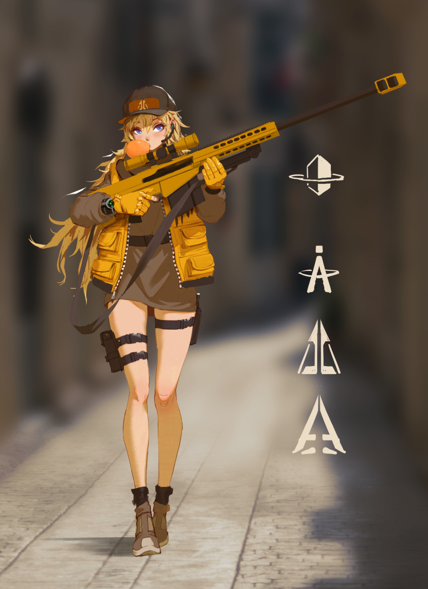absurdres baseball_cap blonde_hair blue_eyes brown_dress bubble_blowing chewing_gum commentary dress full_body gloves gun hat headset highres holster long_legs messy_hair open_clothes open_vest original partly_fingerless_gloves rifle rui_li scope shoes short_dress sneakers sniper_rifle socks solo strap thigh_holster thigh_strap trigger_discipline vest walking weapon yellow_gloves