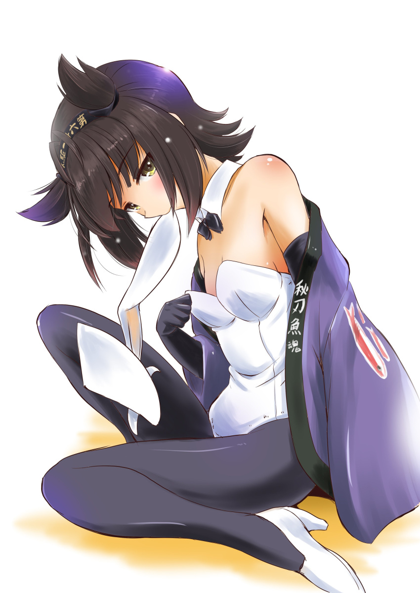 absurdres alternate_costume animal_ears antenna_hair bare_shoulders black_gloves black_hair black_neckwear bow bowtie bunny_ears bunny_girl bunnysuit detached_collar flat_chest gloves hairband hairband_removed happi hatsuzuki_(kantai_collection) highres japanese_clothes kantai_collection looking_at_viewer mouth_hold off_shoulder oversized_clothes pantyhose short_hair sitting smile solo taisinkoku wariza yellow_eyes
