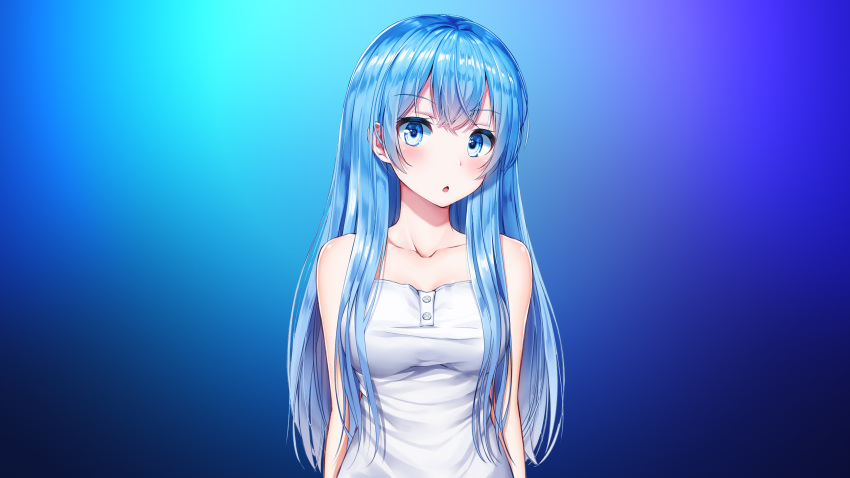 absurdres bangs bare_shoulders blue_eyes blue_hair blush breasts collarbone edited eyebrows_visible_through_hair gradient gradient_background hair_between_eyes hair_over_shoulder head_tilt highres long_hair looking_at_viewer medium_breasts open_mouth original shiny shiny_hair shirt sidelocks simple_background solo source_request superpig third-party_edit white_shirt