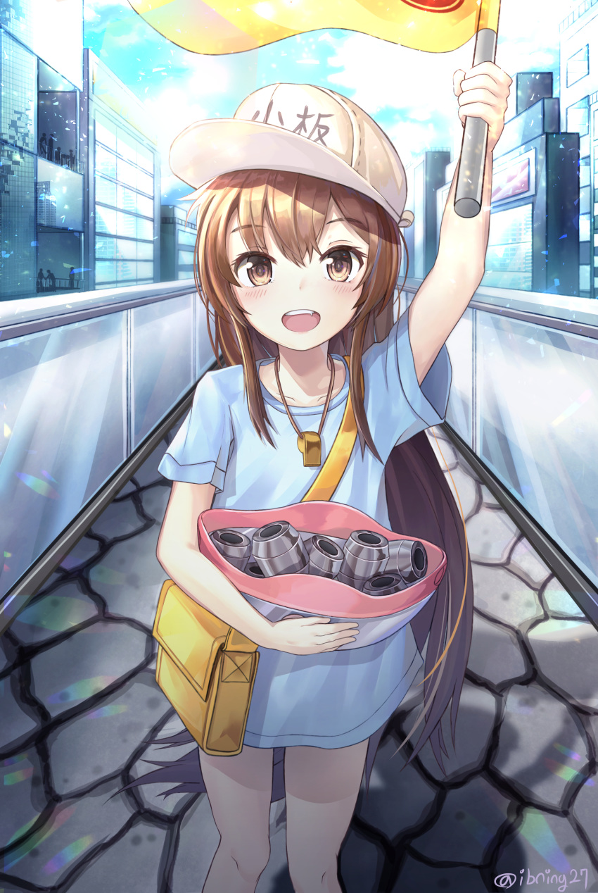 :d absurdres arm_up blue_shirt brown_eyes brown_hair character_name collarbone day exitb eyebrows_visible_through_hair floating_hair flower hair_between_eyes hat hataraku_saibou highres holding holding_flower long_hair looking_at_viewer naked_shirt open_mouth outdoors platelet_(hataraku_saibou) shirt short_sleeves smile solo standing very_long_hair whistle whistle_around_neck white_hat