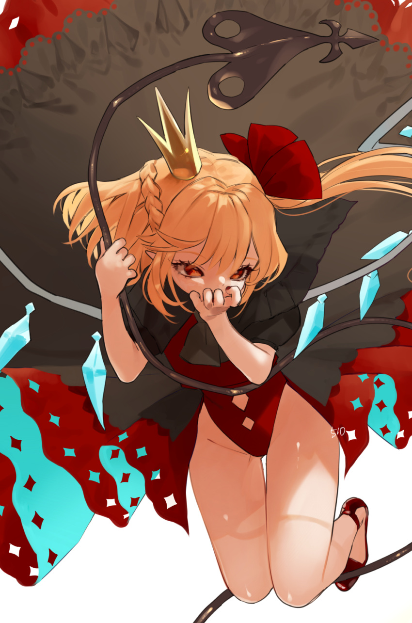 alternate_headwear ascot bad_id bad_twitter_id bangs bare_legs black_cape black_neckwear blonde_hair braid cape commentary_request crown crystal eyebrows_visible_through_hair flandre_scarlet flower french_braid full_body gotoh510 groin hair_ribbon hands_up highres holding jumping lace_trim laevatein leotard long_hair mini_crown nail_polish one_side_up pointy_ears puffy_short_sleeves puffy_sleeves red_eyes red_flower red_leotard red_nails red_ribbon ribbon short_sleeves simple_background solo thighs touhou white_background wings