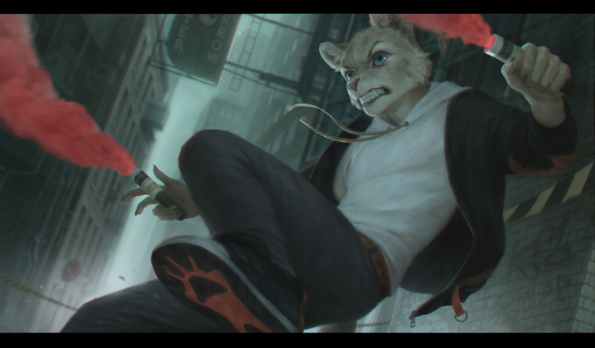 5_fingers action_pose anthro atmospheric_perspective barricade_tape belt blue_eyes building cheek_tuft city claws clenched_teeth clothed clothing depth_of_field detailed detailed_background digital_media_(artwork) digital_painting_(artwork) dirt drawstring english_text fek_(character) felid feline flare_(object) footwear front_view fully_clothed fur graffiti holding_object hoodie inner_ear_fluff jacket jeans jumping leaning leaning_back letterbox male mammal no_stopping_sign open_jacket pants particles portrait pose raised_leg red_smoke road_sign shoes sign smoke snarling sneakers solo teeth terry_grimm text three-quarter_portrait three-quarter_view tuft urban velcro zipper