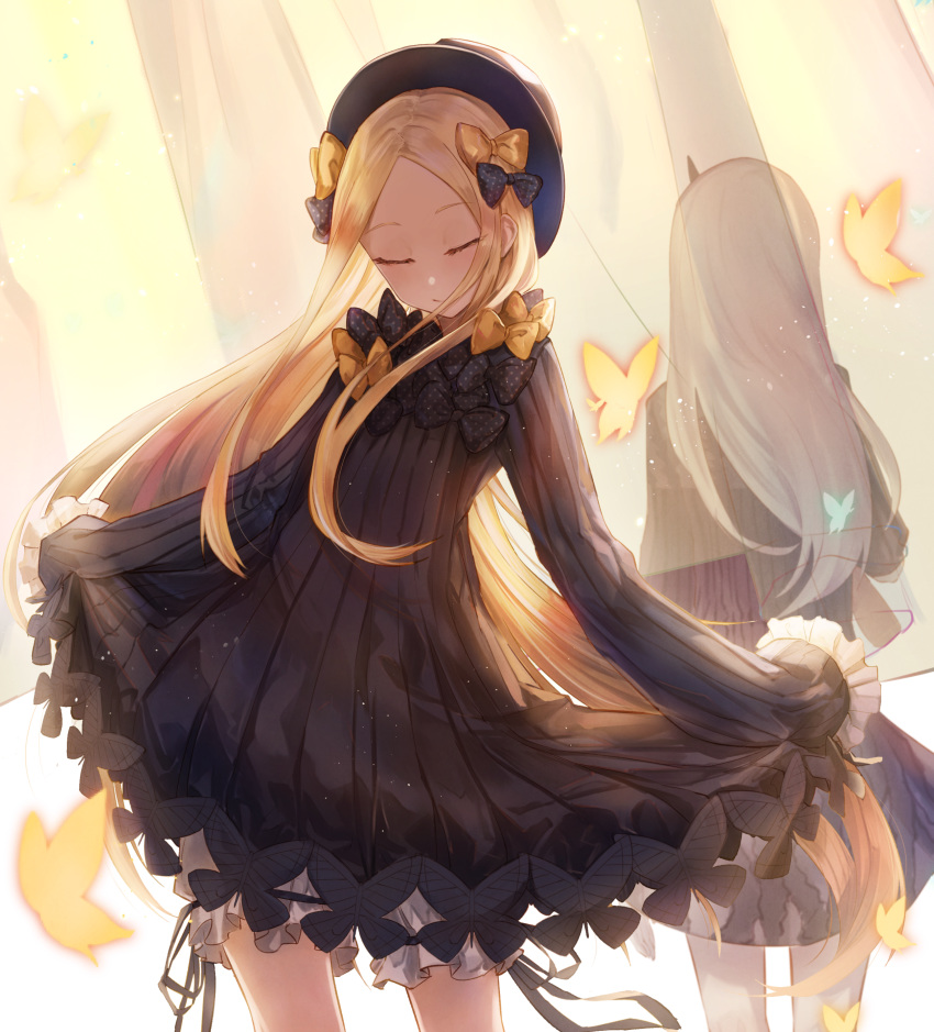 abigail_williams_(fate/grand_order) absurdres bangs black_bow black_dress black_hat blonde_hair bloomers bow bug butterfly closed_eyes closed_mouth commentary_request dress eisuto facing_away facing_viewer fate/grand_order fate_(series) forehead hair_bow hat head_tilt highres insect lavinia_whateley_(fate/grand_order) long_hair long_sleeves multiple_girls orange_bow parted_bangs polka_dot polka_dot_bow silver_hair sleeves_past_fingers sleeves_past_wrists standing underwear very_long_hair white_bloomers