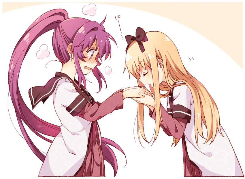 ahoge black_bow blonde_hair blush bow closed_eyes commentary_request from_side hair_bow hair_intakes highres holding_hands long_hair long_sleeves looking_at_another multiple_girls namori nanamori_school_uniform open_mouth ponytail purple_eyes purple_hair school_uniform serafuku sugiura_ayano toshinou_kyouko very_long_hair wavy_mouth yuri yuru_yuri