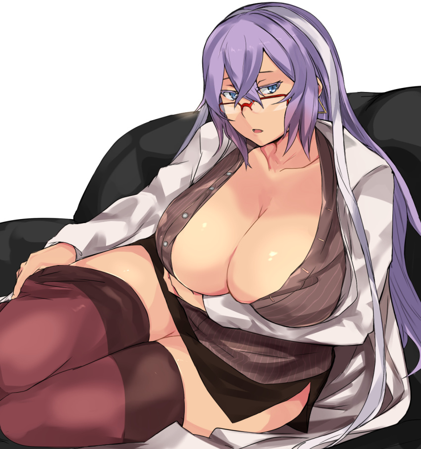 1girl breasts cafekun cleavage collarbone couch curvy glasses hair_between_eyes isabelle_(shadowverse) labcoat large_breasts miniskirt multicolored_hair open_clothes parted_lips purple_hair red-framed_eyewear shadowverse simple_background sitting skirt solo thighhighs white_background white_hair