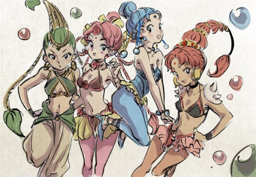 4girls amazons_quartet bishoujo_senshi_sailor_moon blue_eyes blue_hair bubble cerecere_(sailor_moon) earrings green_hair hair_bun highres jewelry junjun_(sailor_moon) lineup long_hair masso midriff multi-tied_hair multiple_girls pallapalla_(sailor_moon) pink_hair red_hair vesves_(sailor_moon)