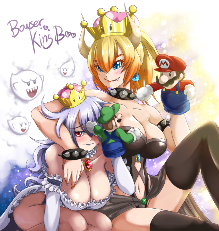 arm_around_shoulder bare_shoulders black_collar black_legwear black_leotard black_skirt blonde_hair blue_eyes boo bowsette bracelet breasts character_doll choker cleavage closed_mouth collar collarbone crown earrings fang_out frilled_choker frilled_gloves frilled_leotard frilled_skirt frills gem gloves gradient_hair hair_between_eyes hand_puppet highleg highleg_leotard highres horns jewelry large_breasts leotard lipstick lolita_majin long_hair looking_away luigi luigi's_mansion makeup mario mario_(series) multicolored_hair multiple_girls navel navel_cutout new_super_mario_bros._u_deluxe orange_hair orange_lipstick pointy_ears ponytail princess_king_boo puppet red_eyes seiza sharp_teeth sitting skirt smile spiked_armlet spiked_bracelet spiked_collar spikes strapless strapless_leotard super_crown teeth thighhighs tilted_headwear very_long_hair wavy_hair wavy_mouth white_gloves white_hair white_leotard white_skirt