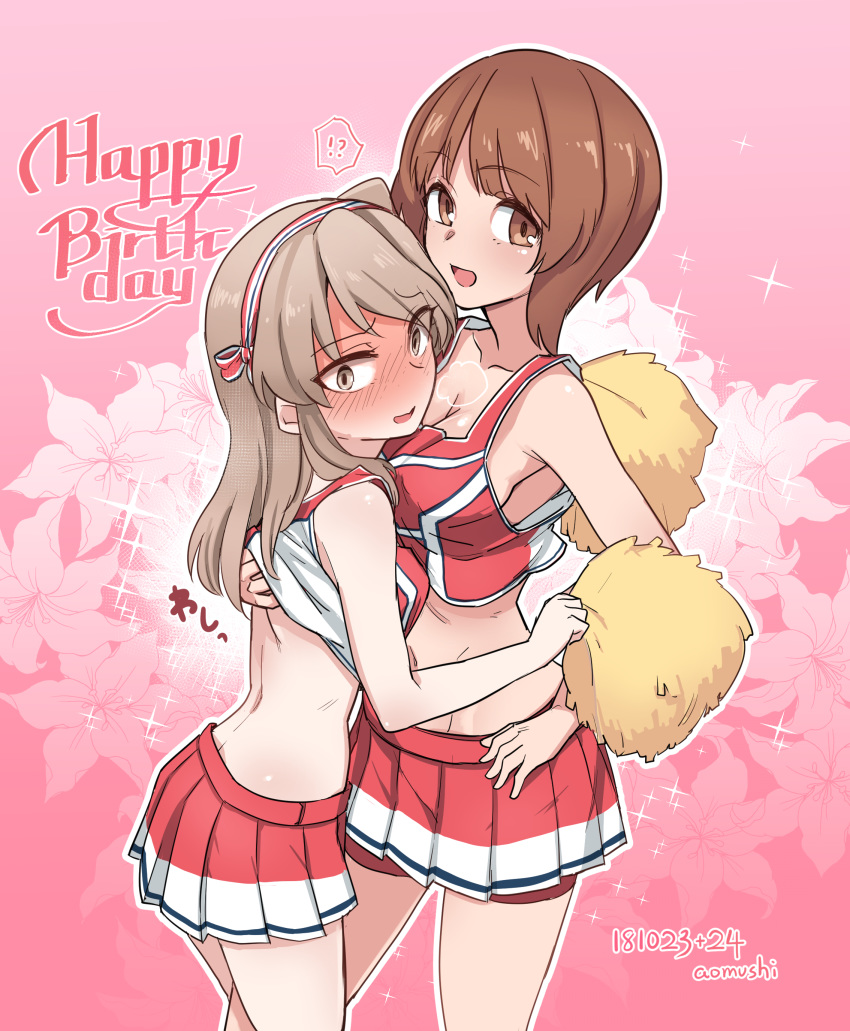 2girls :d absurdres aomushi_(mushamusha) artist_name back blush breasts cheerleader cleavage collarbone commentary_request crop_top dated floral_background flower from_side girls_und_panzer happy_birthday highres lifted_by_another lily_(flower) medium_breasts midriff miniskirt multiple_girls nishizumi_miho one_side_up open_mouth pink_background pleated_skirt pom_poms shimada_arisu signature skirt sleeveless smile sparkle tank_top tank_top_lift yuri