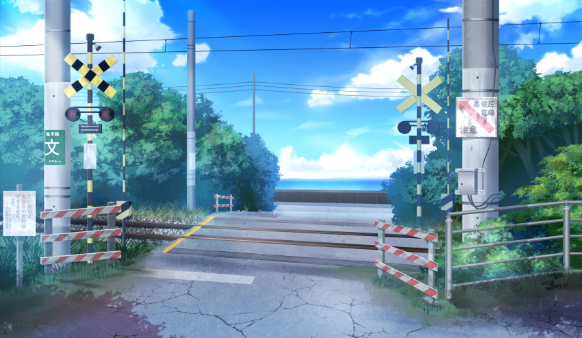 cable cloud commentary_request day grass highres horizon no_humans ocean original outdoors power_lines railing railroad_crossing railroad_signal railroad_tracks road scenery sign sky tiya tree tree_shade water