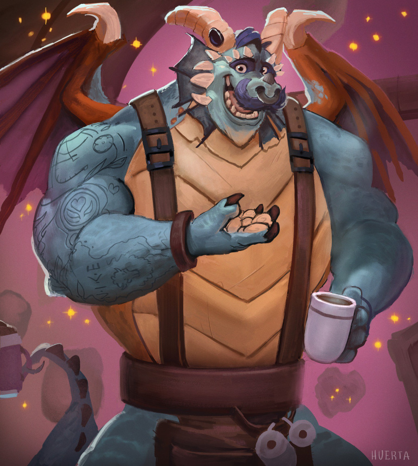 anthro claws cup dragon facial_hair facial_piercing gamutfeathers gavin_(spyro) happy looking_at_viewer male muscular mustache nose_piercing nose_ring open_mouth piercing scalie smile solo spyro_reignited_trilogy spyro_the_dragon teeth video_games western_dragon wings