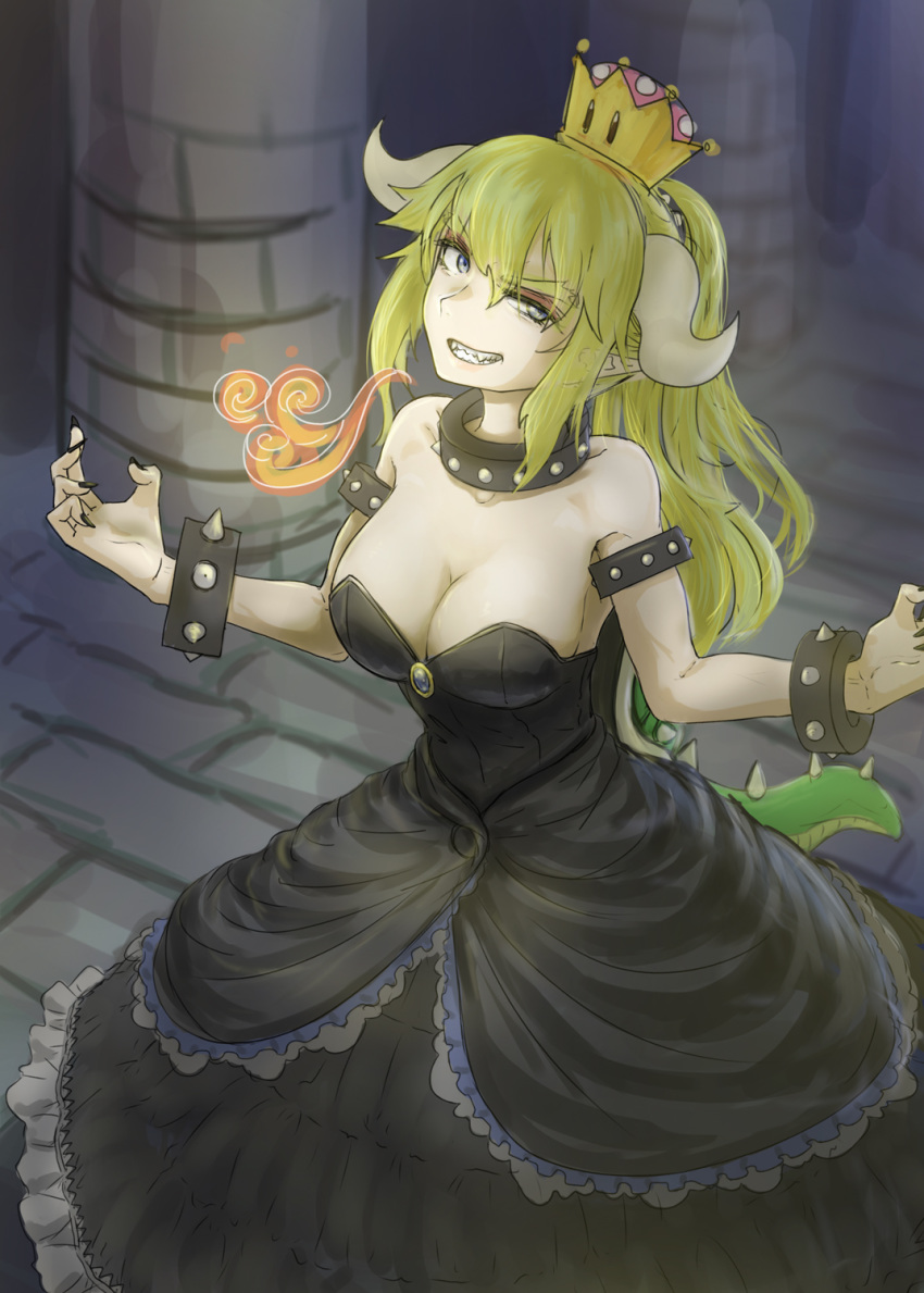 black_collar black_nails blonde_hair blurry bowsette bracelet breasts breathing_fire cleavage collar collarbone column commentary crown dark depth_of_field dress fire from_above gown grey_eyes grin highres horns indoors jewelry long_hair looking_at_viewer looking_to_the_side mario_(series) nail_polish new_super_mario_bros._u_deluxe nito_(nshtntr) pillar ponytail sharp_teeth smile solo spiked_armlet spiked_bracelet spiked_collar spiked_shell spiked_tail spikes strapless strapless_dress super_crown tail teeth turtle_shell