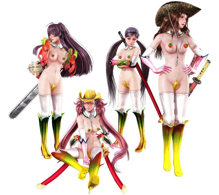 3d 4girls alternate_costume aya_(oneechanbara) banana blush collar cowboy_hat embarrassed food fruit gloves hairband hat impossible_clothes kagura_(oneechanbara) looking_away multiple_girls official_art oneechanbara saaya_(oneechanbara) saki_(oneechanbara) strawberry thighhighs twintails weapon