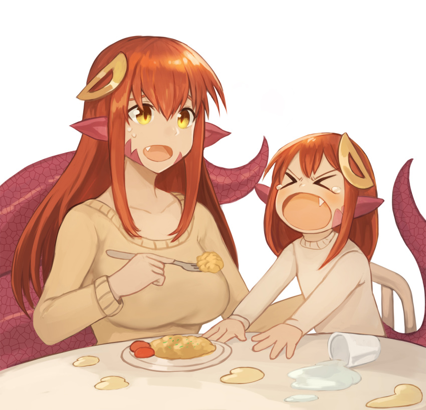 collarbone commentary commission cup english_commentary food fork hair_between_eyes highres lamia long_hair miia_(monster_musume) mika_(miiafag) monster_girl monster_musume_no_iru_nichijou mother_and_daughter multiple_girls original plate pointy_ears red_hair scales simple_background sookmo spill sweater tears white_background xo yellow_eyes