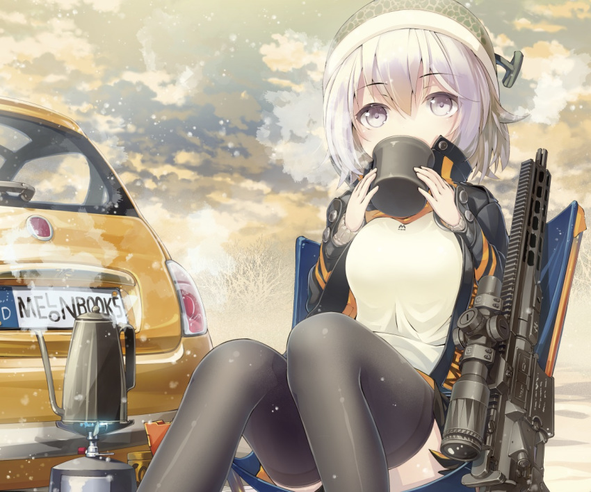 car clouds cropped drink gray_eyes gun hat melonbooks nanaroku_(fortress76) original short_hair sky snow thighhighs weapon white_hair