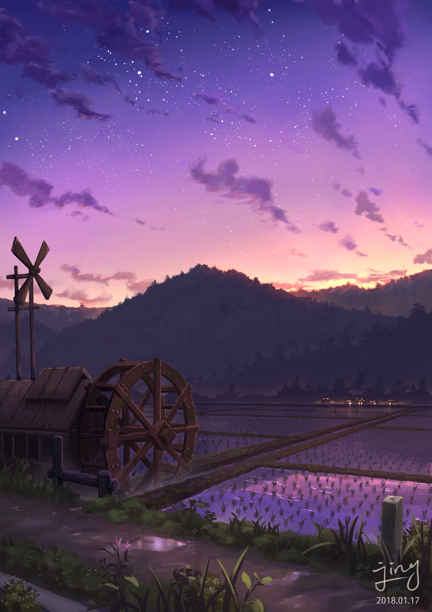 building cloud commentary dated farm gradient_sky grass highres jing_(jiunn1985matw) light mountain no_humans original outdoors path plant rice_paddy road scenery signature sky star_(sky) starry_sky twilight water water_wheel windmill