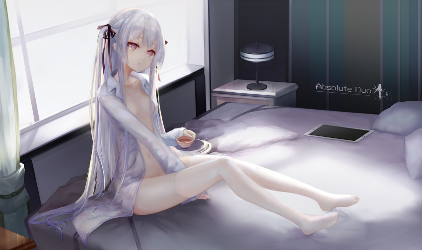 absolute_duo bed closed_mouth cup day hair_ribbon head_tilt highres holding long_hair looking_at_viewer md5_mismatch naked_shirt navel open_clothes open_shirt red_eyes ribbon shirt silver_hair sitting solo teacup thighhighs two_side_up wangchuan_de_quanyan white_legwear white_shirt window yurie_sigtuna