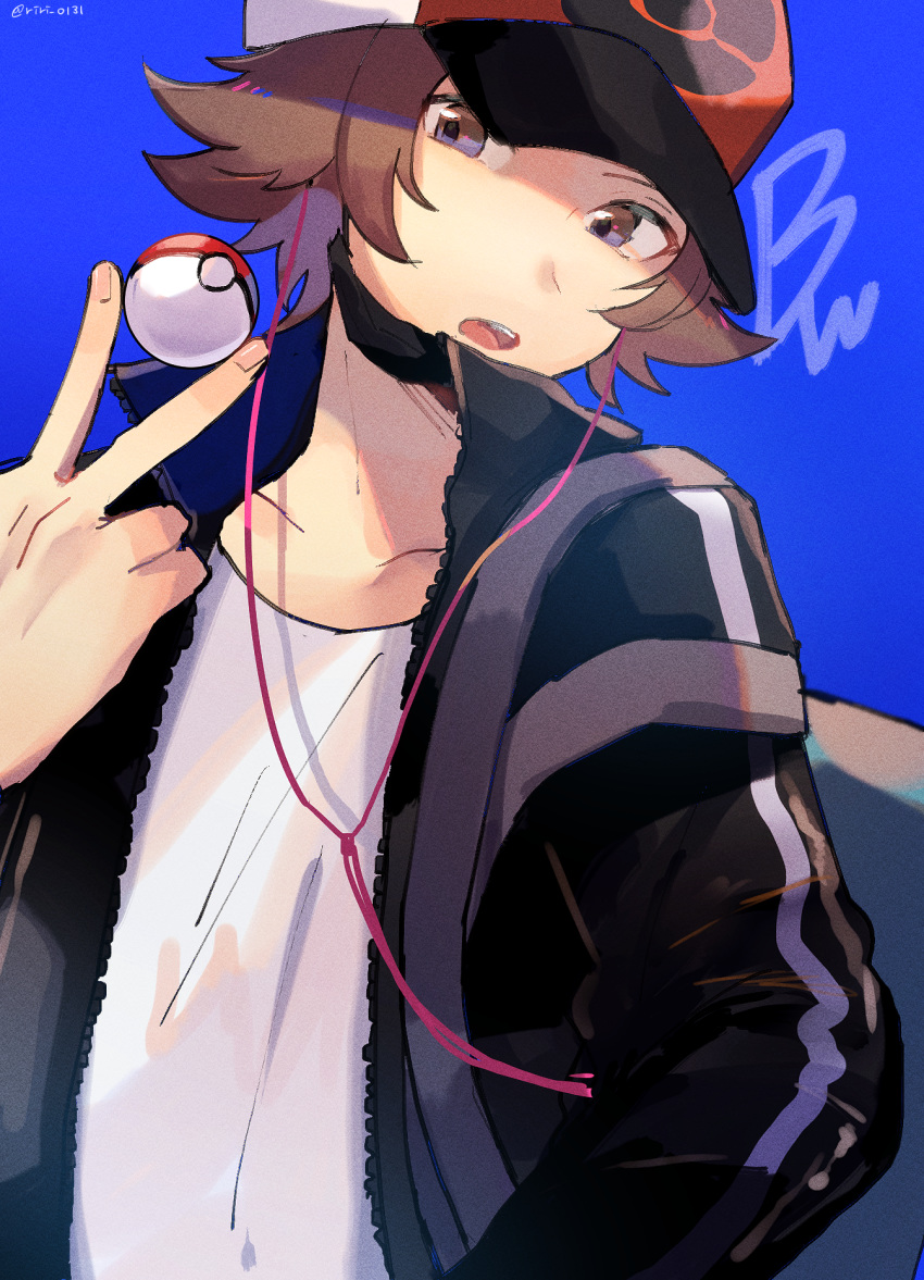 artist_name backpack bag baseball_cap black_jacket blue_background brown_eyes brown_hair collarbone copyright_name hand_up hat headphones highres holding holding_poke_ball jacket long_sleeves male_focus open_mouth poke_ball poke_ball_(generic) poke_ball_theme pokemon pokemon_(game) pokemon_bw red_hat ririmon shirt short_hair signature simple_background solo standing teeth touya_(pokemon) twitter_username upper_body white_shirt