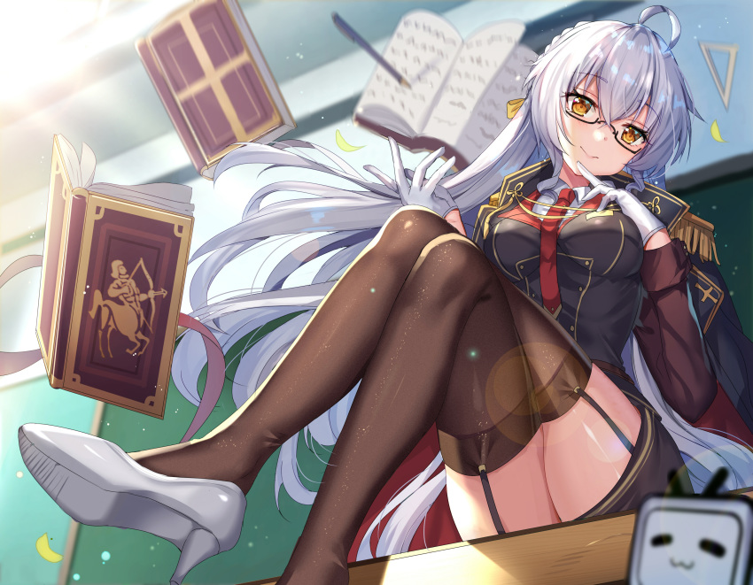 ark_order bili_bili_douga book braids garter_belt gejigejier glasses gloves long_hair mage magic skirt stockings thighhighs tie uniform white_hair yellow_eyes