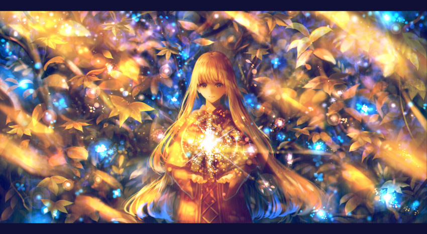 abstract bangs branch capelet closed_mouth commentary_request cross-laced_clothes highres leaf letterboxed light_particles light_rays long_hair looking_at_viewer magic original robe sakimori_(hououbds) smile solo wide_sleeves yellow