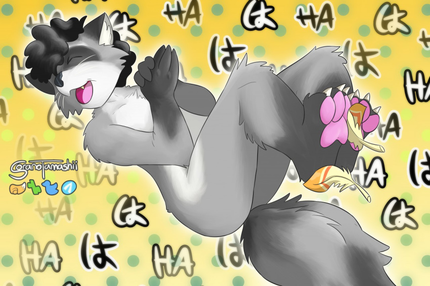 4_toes afro claws eyes_closed feathers feet foot_fetish joule_(soranotamashii) laugh loose_feather mammal pawpads procyonid raccoon signature soles soranotamashii tickling tickling_feet toe_claws toes