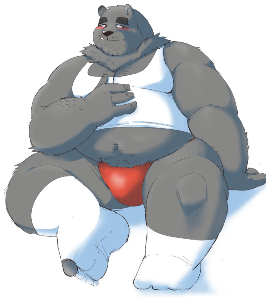 2019 anthro belly blush clothed clothing cute_fangs fundoshi hugo_(jumperbear) humanoid_hands japanese_clothing jumperbear male mammal navel open_shirt overweight overweight_male shirt simple_background sitting solo underwear ursid white_background