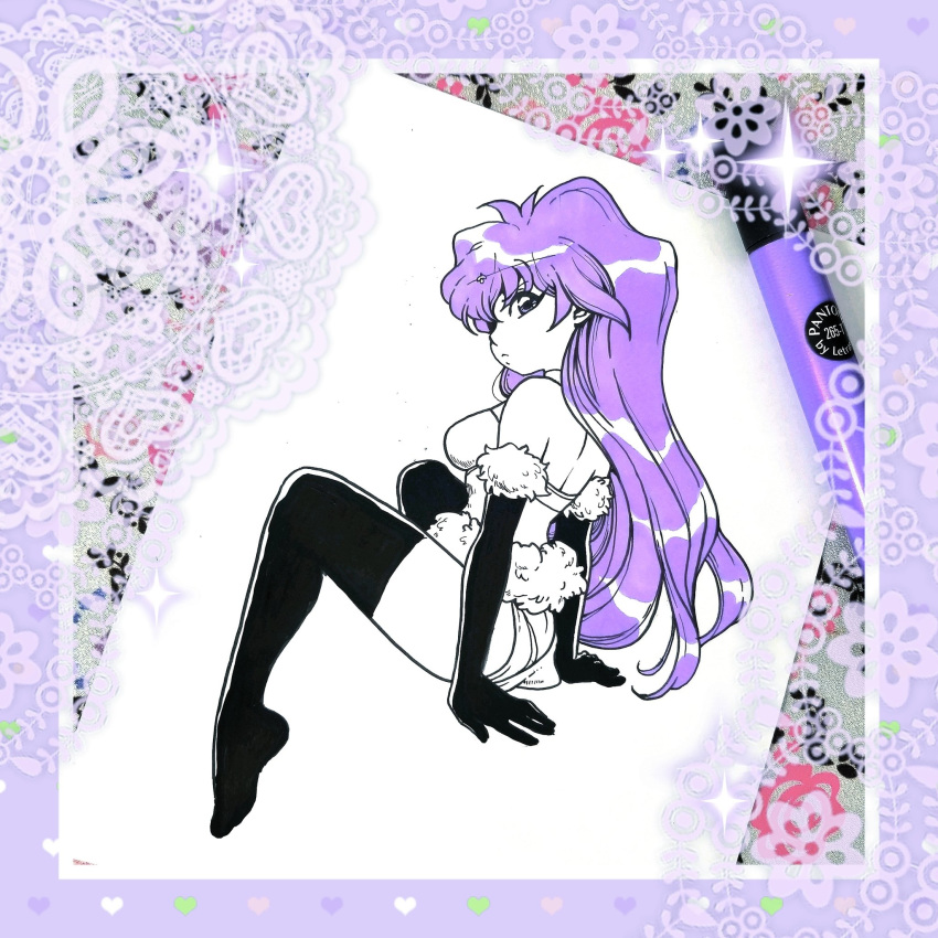 bangs bare_shoulders black_legwear breasts closed_mouth commentary doily dragon_half elbow_gloves floral_print frame fur_trim gloves hair_between_eyes heart heart_print highres inktober lavender_hair limited_palette long_hair looking_back marker marker_(medium) medium_breasts partially_colored purple_hair shiny shiny_hair sitting solo sparkle thighhighs traditional_media veena_(dragon_half) wavy_hair zambi