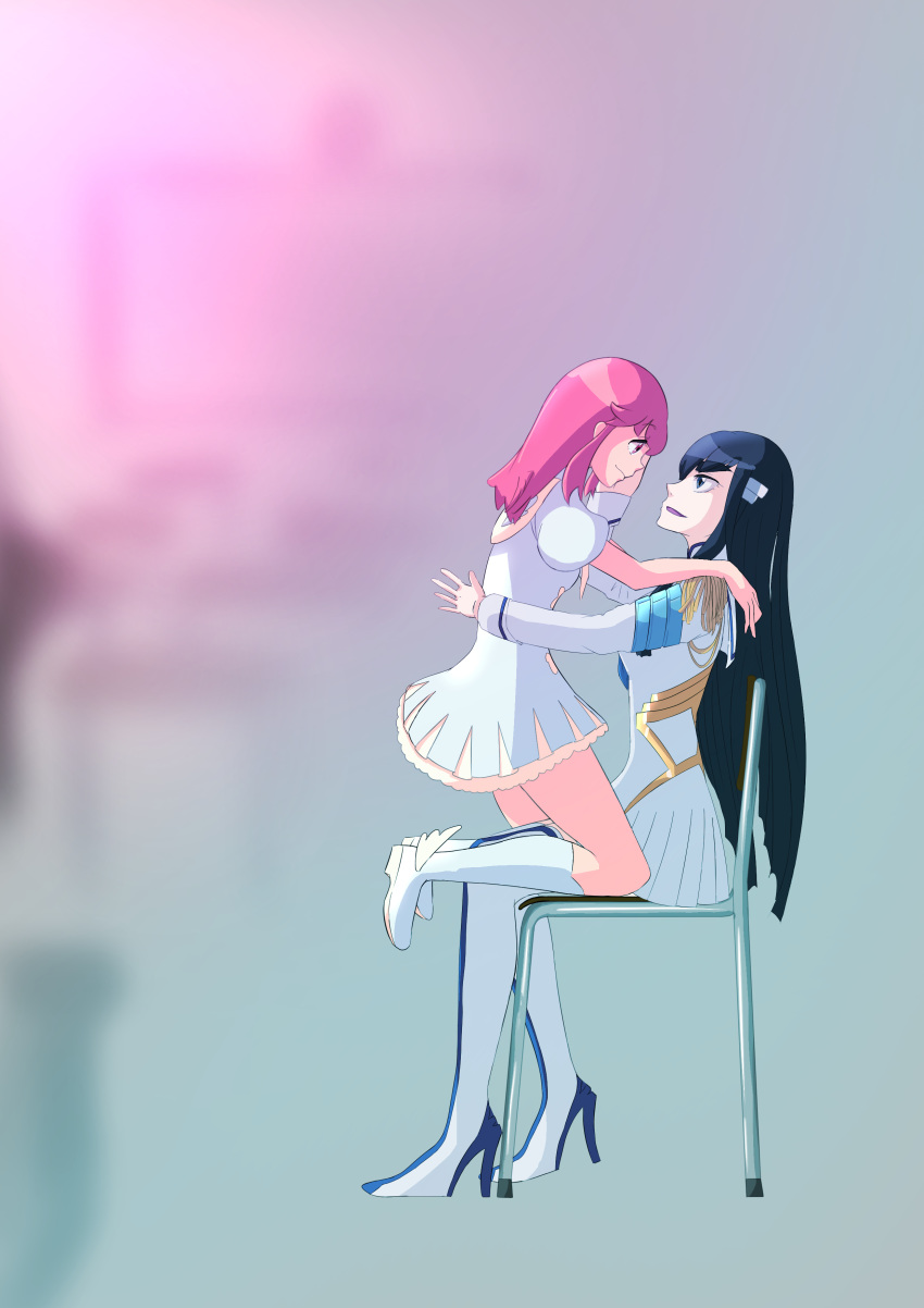 absurdres black_hair blue_eyes blush boots highres jakuzure_nonon kill_la_kill kiryuuin_satsuki looking_at_another multiple_girls open_mouth pink_eyes pink_hair runup_to_thestage_of_yourdream skirt smile thigh_boots thighhighs uniform yuri