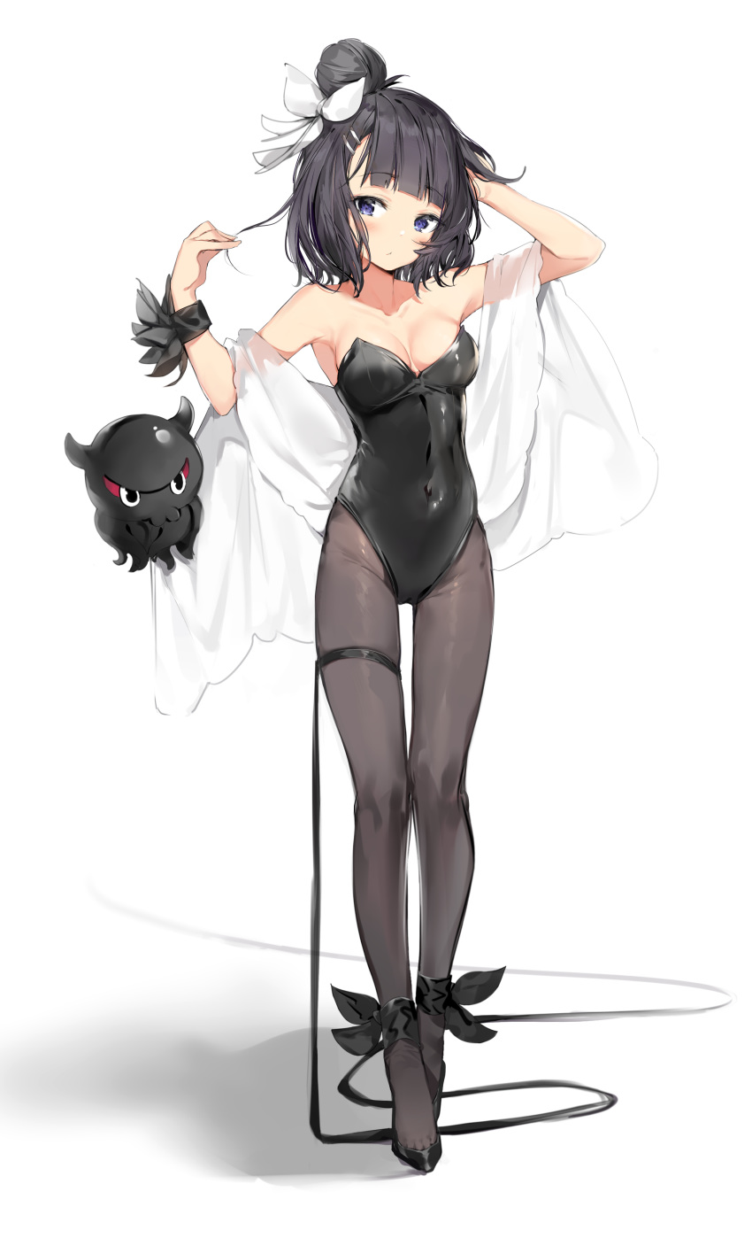 1girl absurdres alternate_costume ankle_ribbon arm_up bangs bare_shoulders black_legwear blue_eyes blunt_bangs breasts covered_navel eyebrows_visible_through_hair fate/grand_order fate_(series) hair_bun hair_ornament hair_ribbon hairclip highres katsushika_hokusai_(fate/grand_order) leotard long_hair medium_breasts octopus pantyhose ribbon sash see-through shadow short_hair silver_(chenwen) simple_background solo standing thigh_strap tokitarou_(fate/grand_order) wrist_ribbon